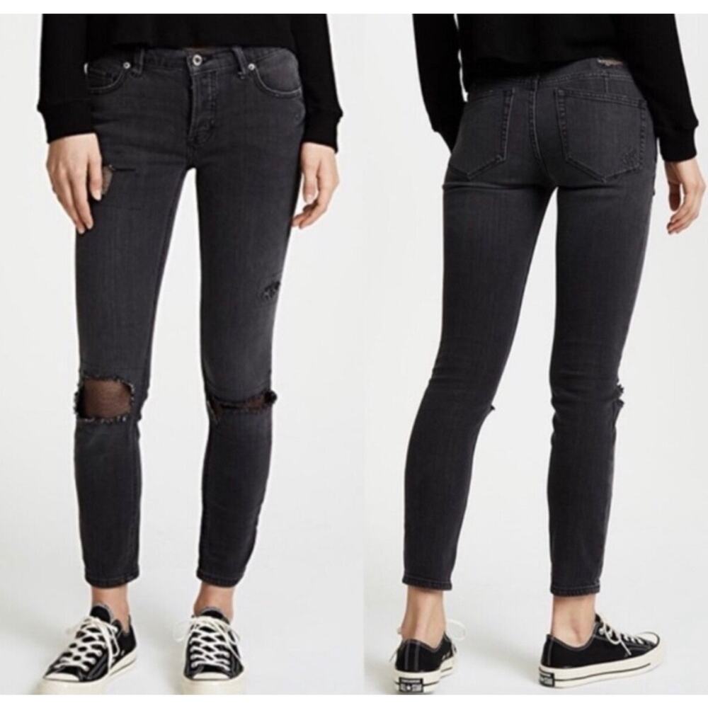 Free People Distressed Fishnet Skinny Jeans Size 26 In Washed Out Black